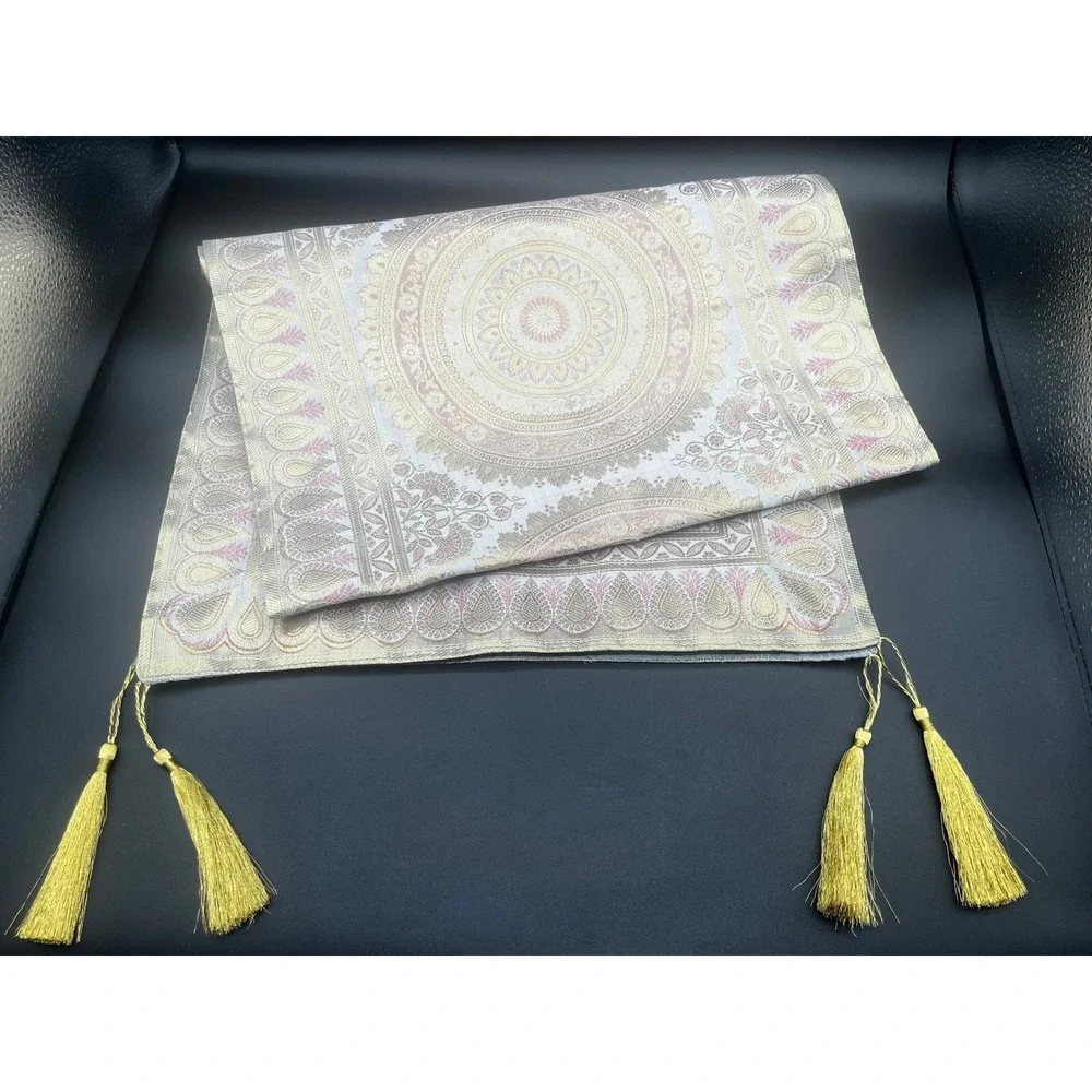 Banarsi Designs Gold Grey Mandala Brocade Silk Table Runner Tassels New 16